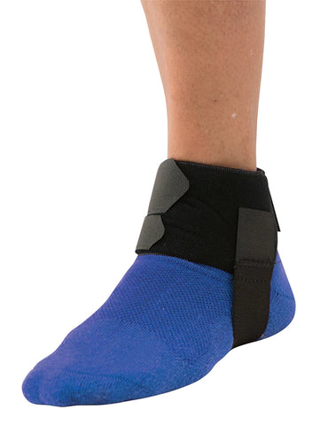 foot wearing blue athletic ankle sock and Bird and Cronin Plantar Fasciitis Wrap with strap going under heel