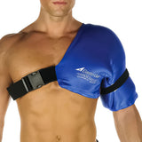 blue elasto-gel hot/cold therapy shoulder wrap on male torso 