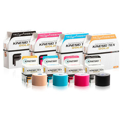Boxes of Kinesio Tex Gold FP Athletic Tape in beige, blue, red, and black.