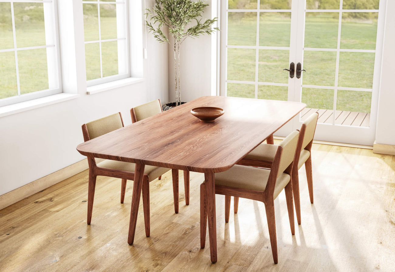 Voya Rectangular Dining Table (Walnut) with Jasmi Low Dining Chair (walnut, smart wheat)