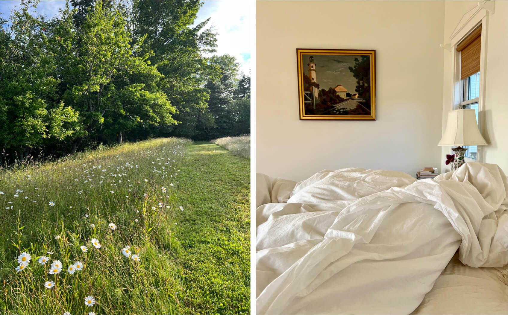Unmade white bedding, painting, and field of flowers