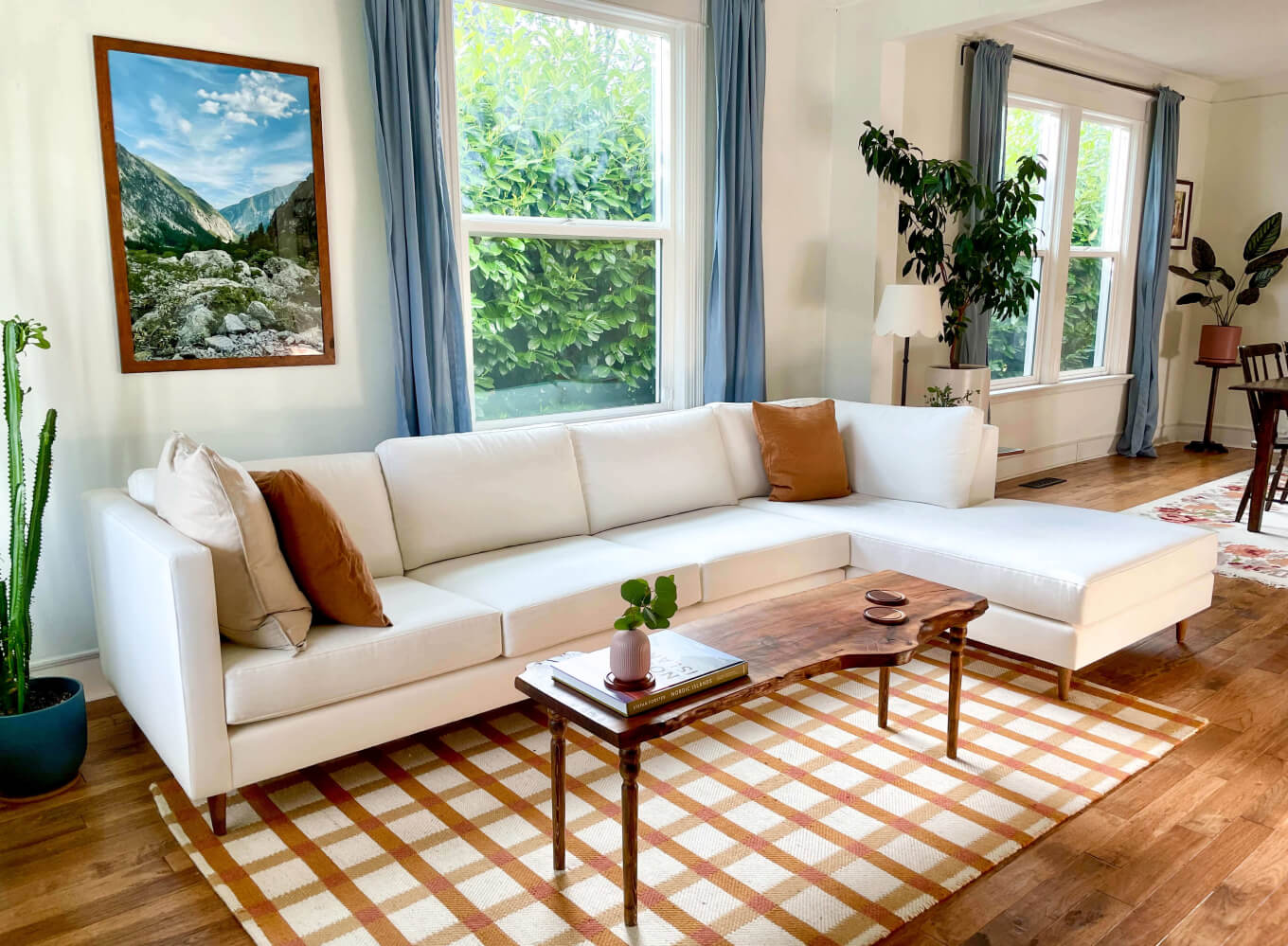 Mota Bumper Sectional in Mariposa Limewash Fabric in white living room