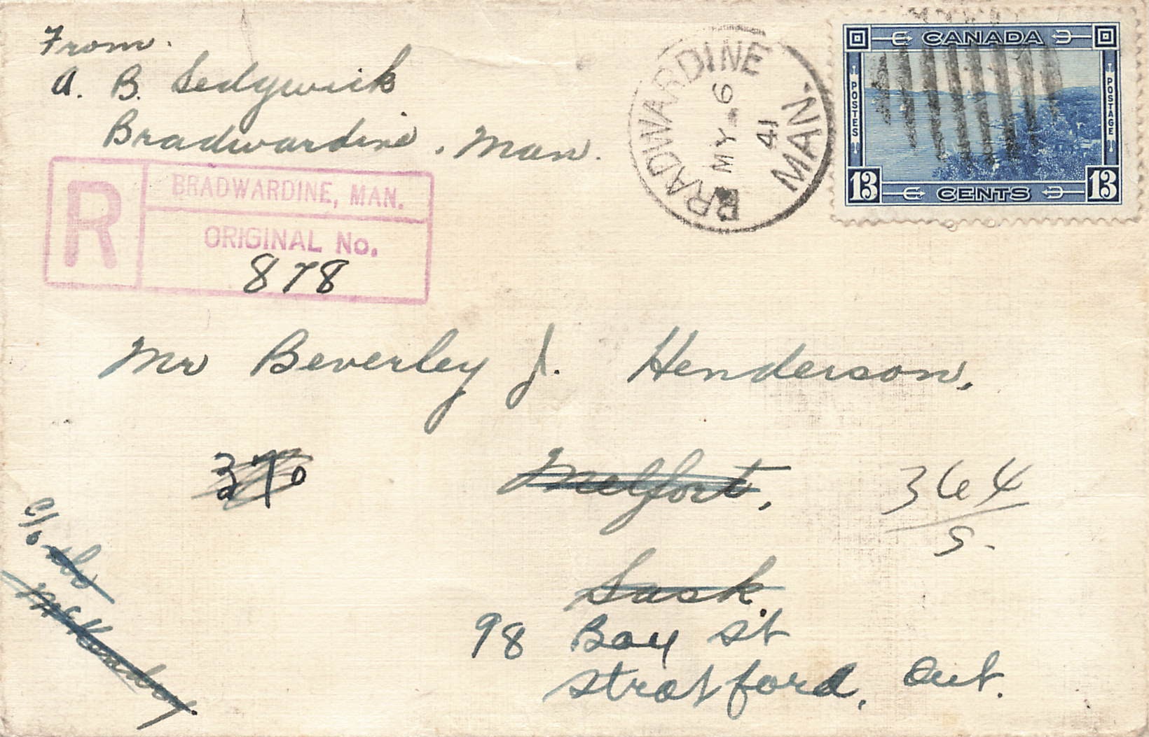 #242 Bradwardine Manitoba 1941 Registered Cover To Ontario RPO B/S Canada