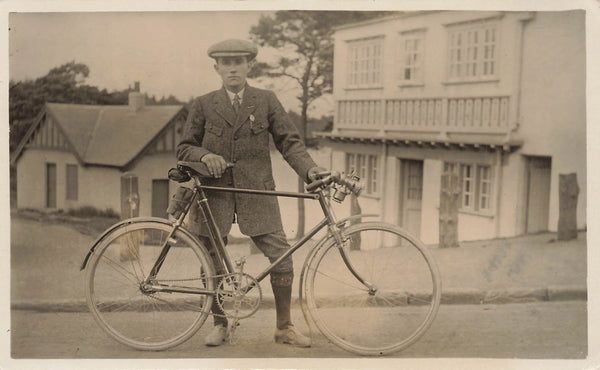 Vintage Real Photo Postcard Well Dressed Man Poses With Early Bicycle
