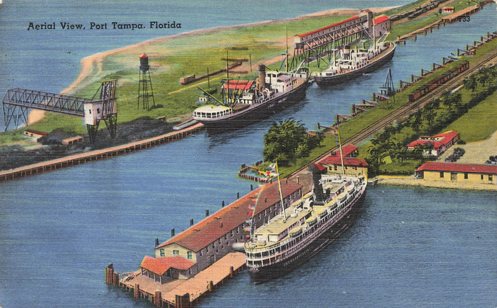 Florida Linen Postcard 1958 Aerial View Of Ships At Port Tampa USA