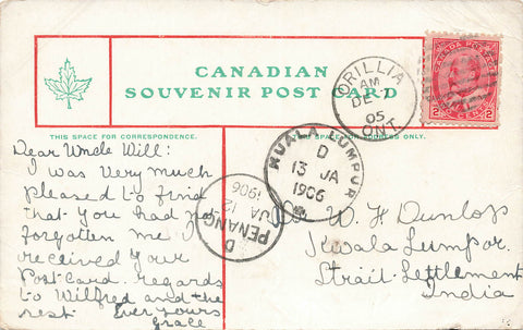 Orillia Ontario Dec. 7th, 1905 On Postcard to Kuala Lumpur Malaysia Tied Penang Malay (Scarce Destination) with Receiver Cancellations