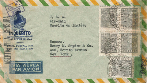 Brazil WWII 1945 Military Double Censored Airmail Cover To New York USA