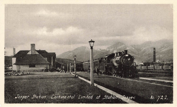 Jasper, AB. Postcard. Continental Limited Locomotive At Jasper Railway Station. Canada