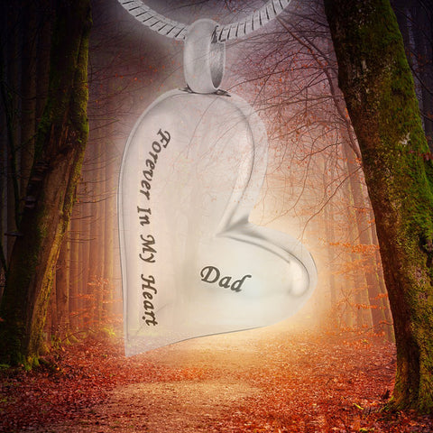 Picture of a heart urn necklace that says "Dad, Forever In My Heart"