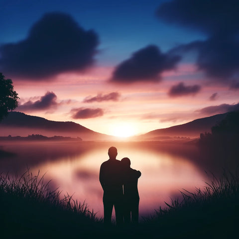 Ruhige Landschaft mit der Silhouette zweier sich umarmender Menschen, die sich gegenseitig beim Verlust eines geliebten Menschen unterstützen