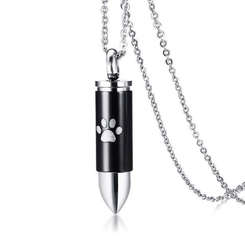 Bullet shaped cremation urn necklace with paw print