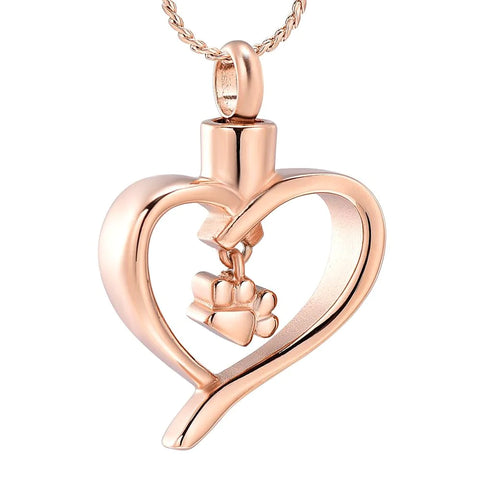 Paw print in heart cremation urn necklace