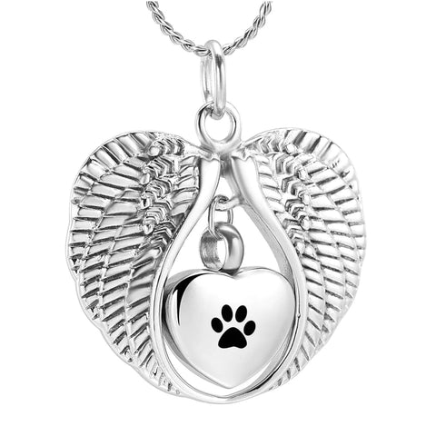 cremation urn necklace with angel wings, and a heart with a paw print in the center