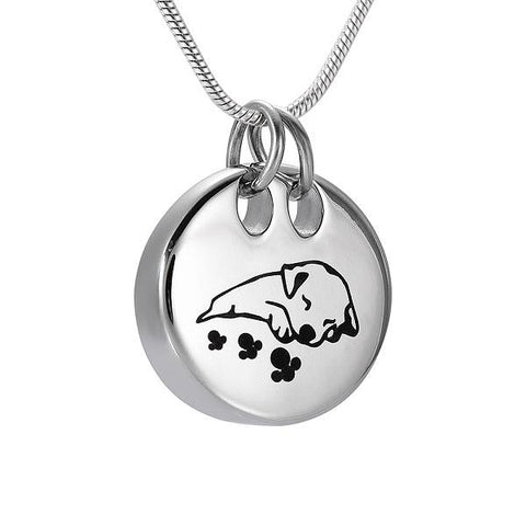 Cremation urn necklace with sleeping puppy
