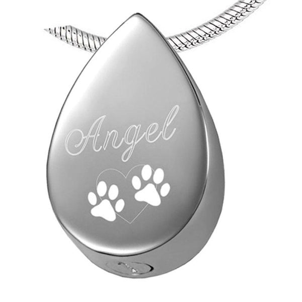 Angel Engraved Teardrop Pet Cremation Urn Necklace With Paws Cherished Emblems