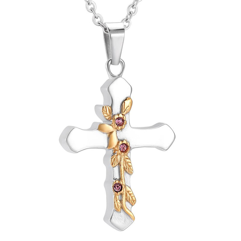 Gold Flower & Silver Cross Cremation Urn Jewelry With Red Rhinestones ...
