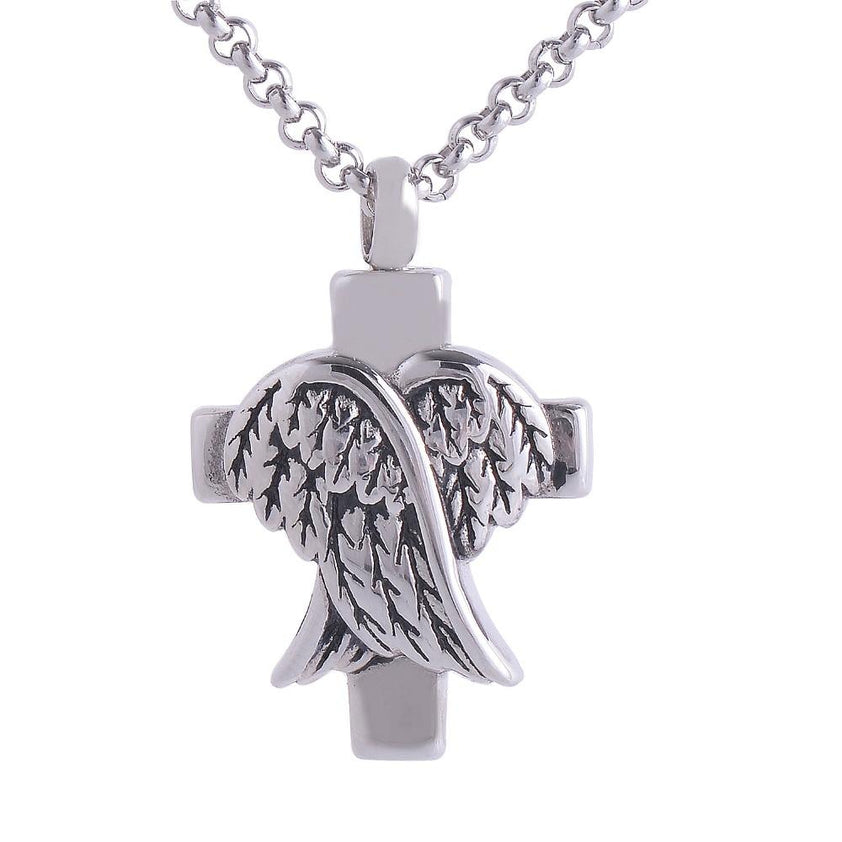 Silver Cross & Angel Wings - Cremation Urn Necklace - Cherished Emblems