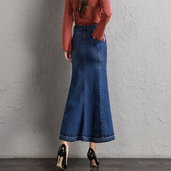 high waisted denim maxi skirt