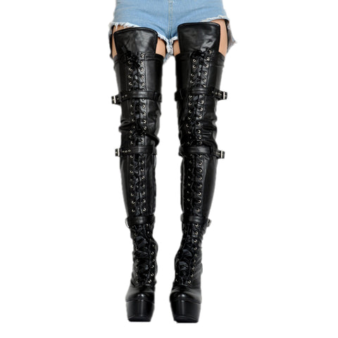 leather strap thigh high boots