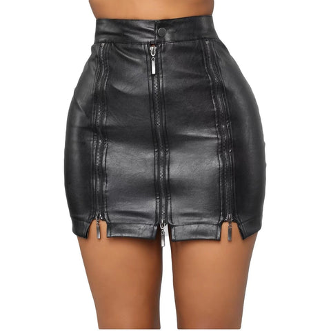 Front Zipper Leather Mini Skirt