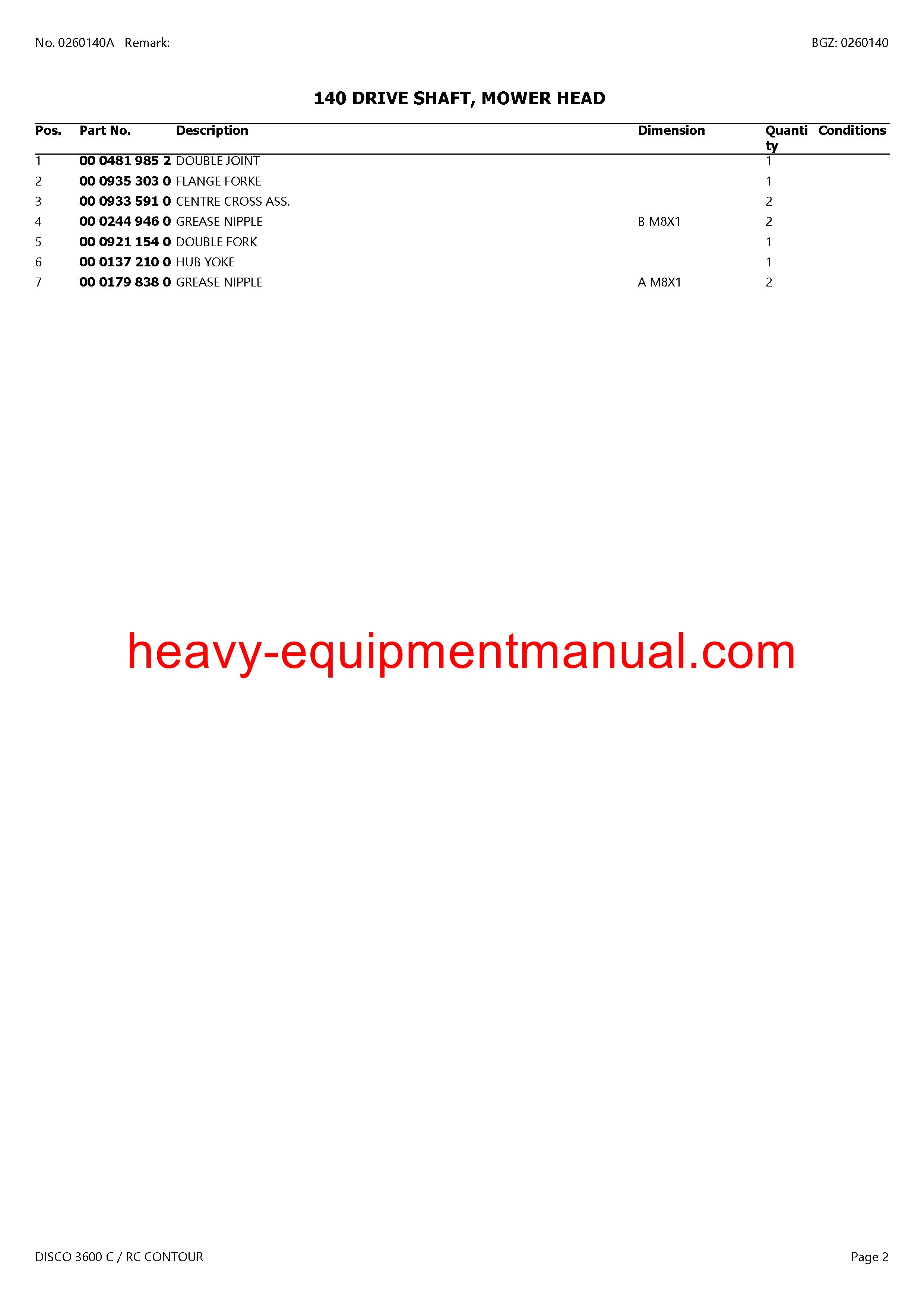 CLAAS DISCO 3600 C RC CONTOUR MOWER PARTS CATALOG MANUAL SN F8601001-F8609999