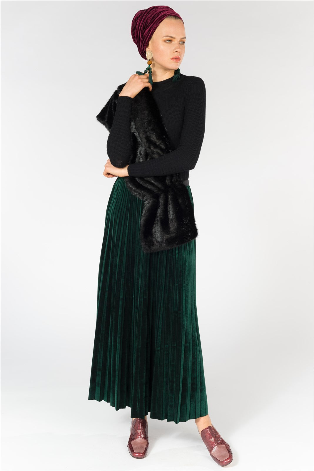 velvet pleated maxi skirt