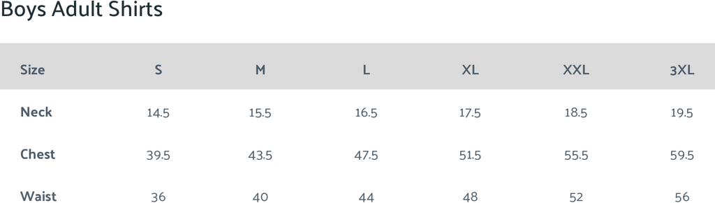 boys shirts adult sizing chart