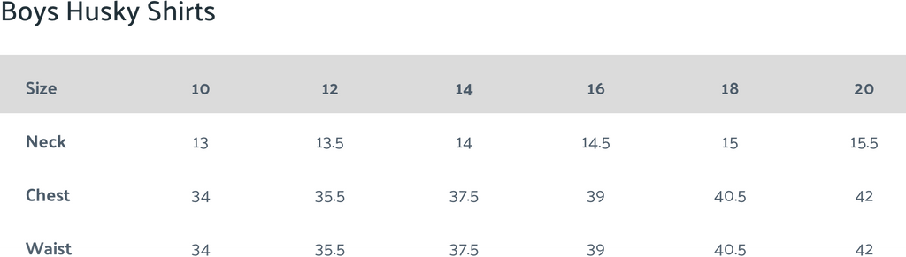 boys shirts husky sizing chart