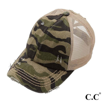 C.C. Distressed Camo Criss-Cross Ponytail Cap