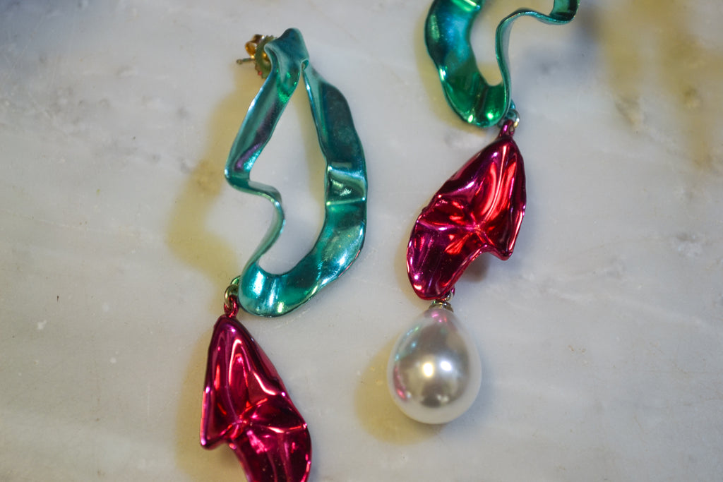 Sterling King inside out crystal drop earrings in aqua and fuchsia