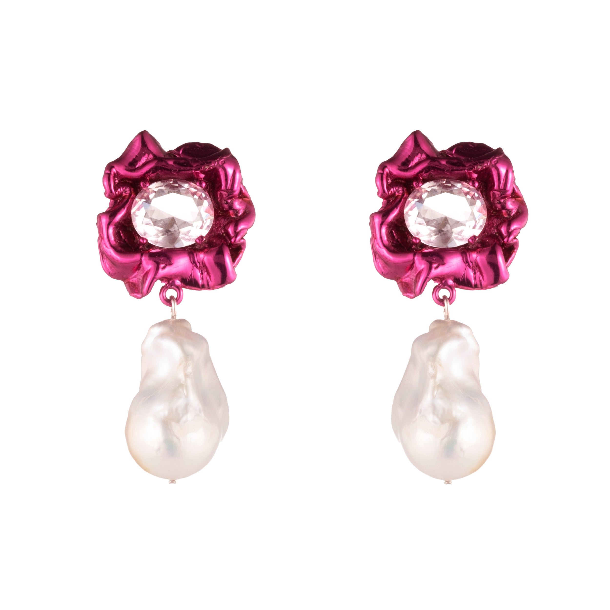 Lola Crystal Baroque Pearl Drop Earrings | Fuchsia - Sterling King product image