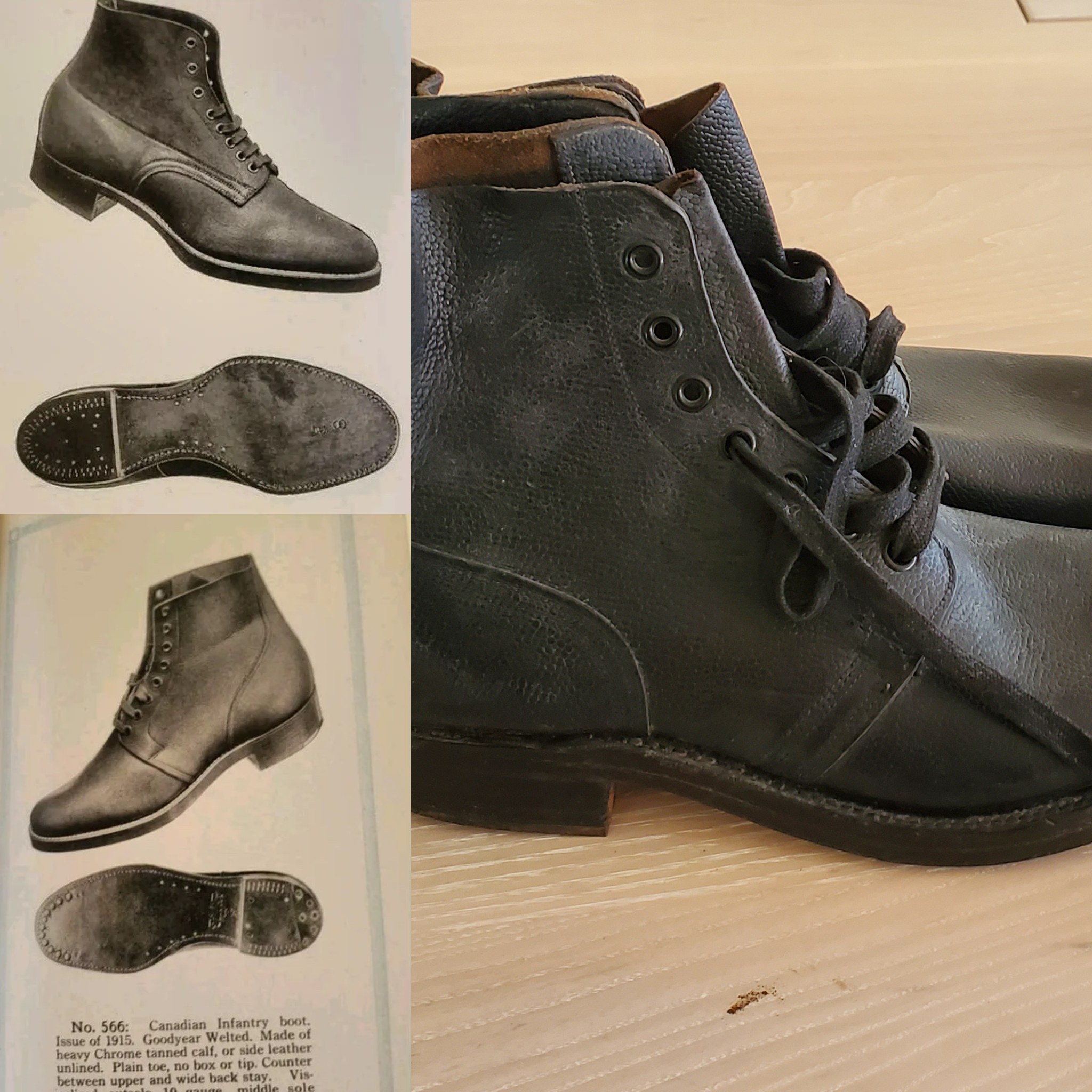 Vintage catalog, and vintage boots used to model the 1915 Canadian Infantry Boot