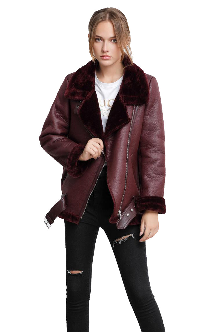 Faux Fur Shearling Leather Biker Jacket 