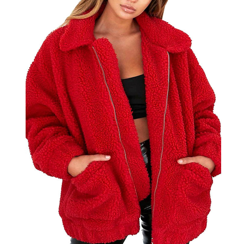 red fluffy jacket
