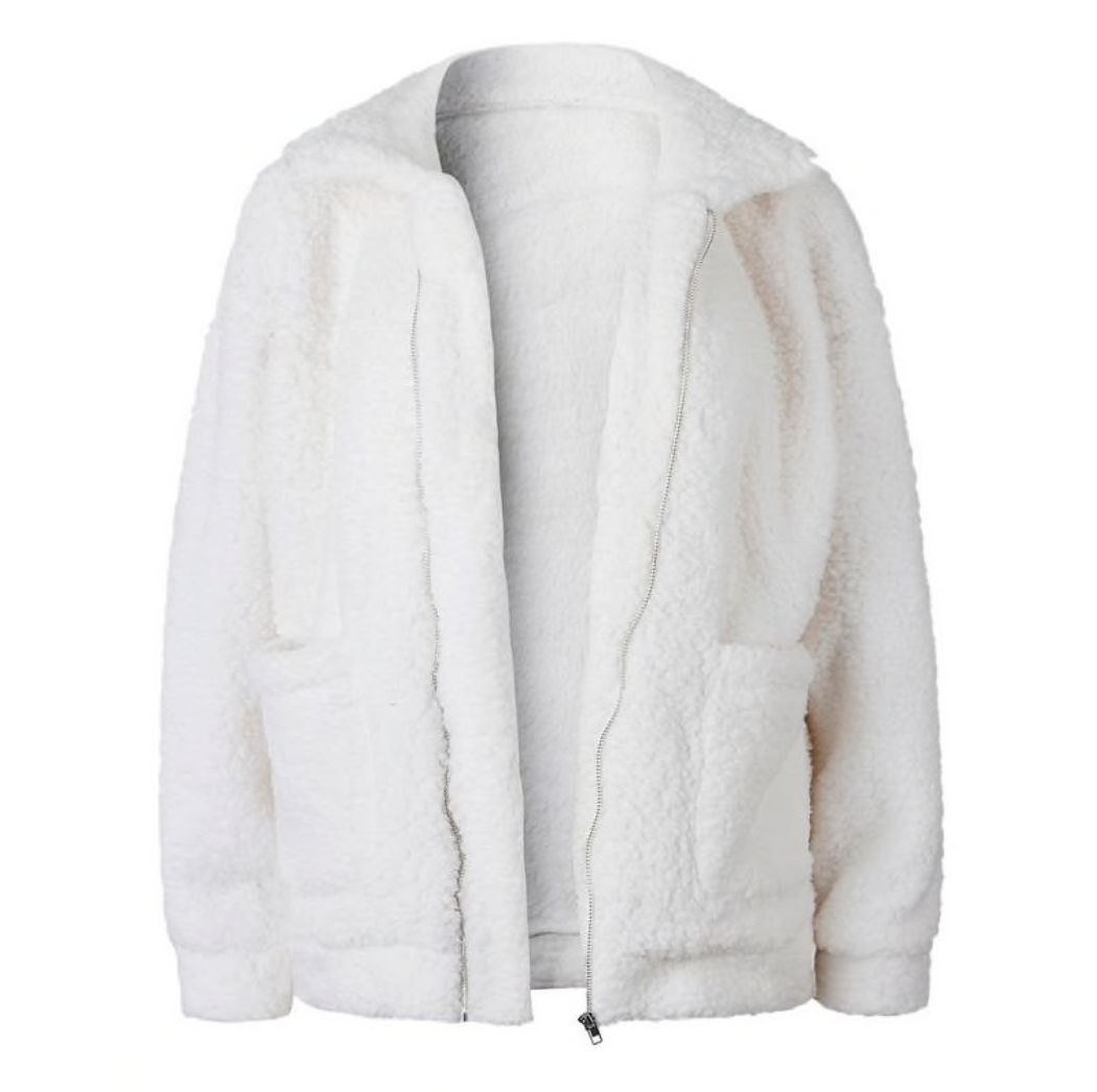 white fluffy jacket