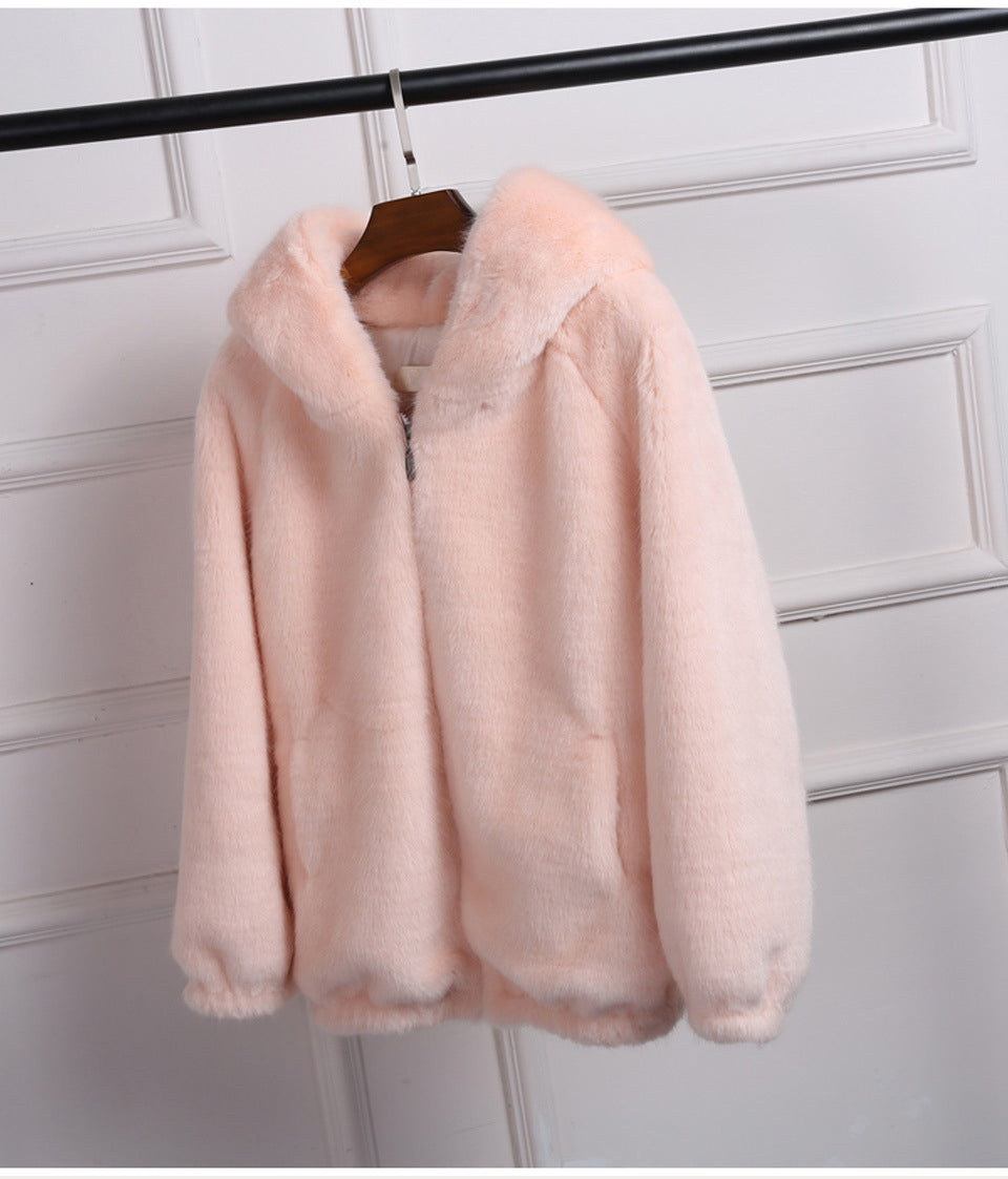 pink fluffy jacket with hood