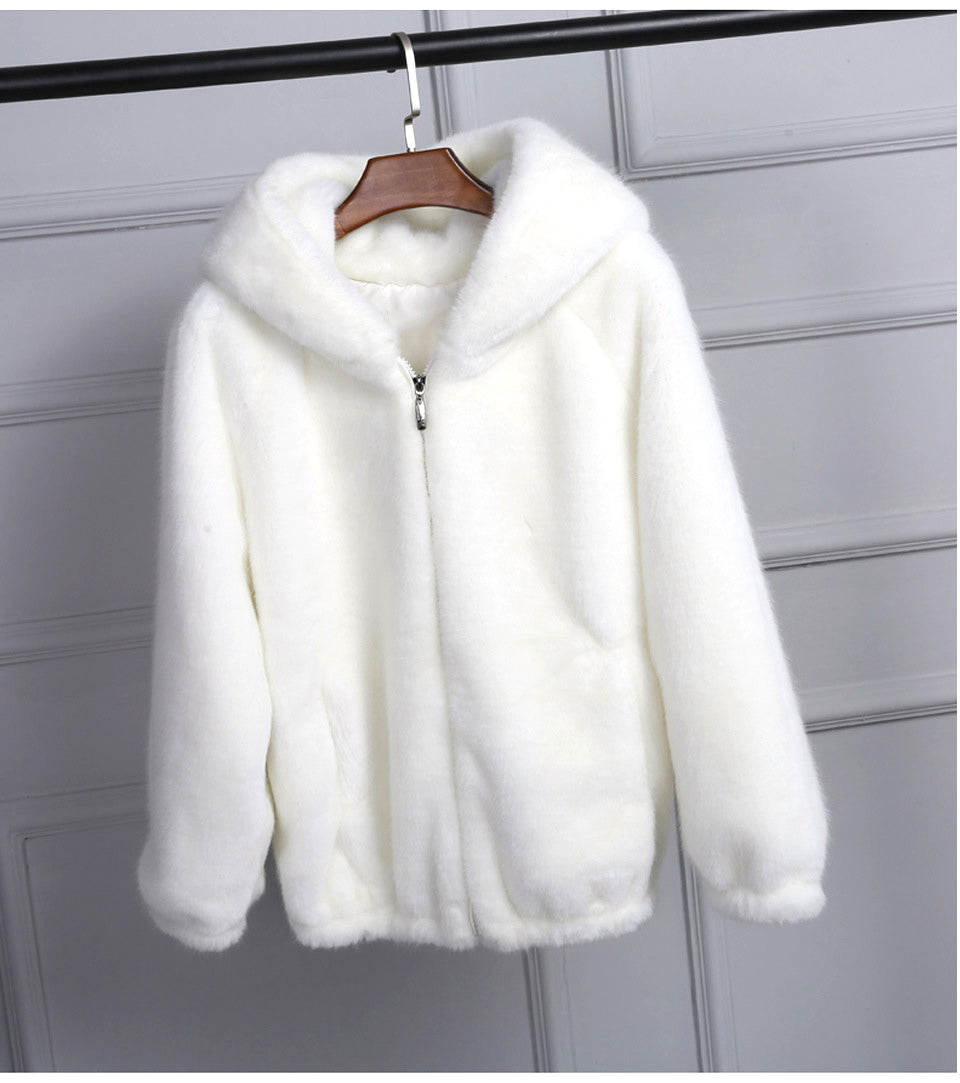 Faux Fur Zip Hoodie Jacket In White Vertvir