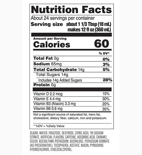 Energy Drink Flavored Soda Syrup Nutrition Label