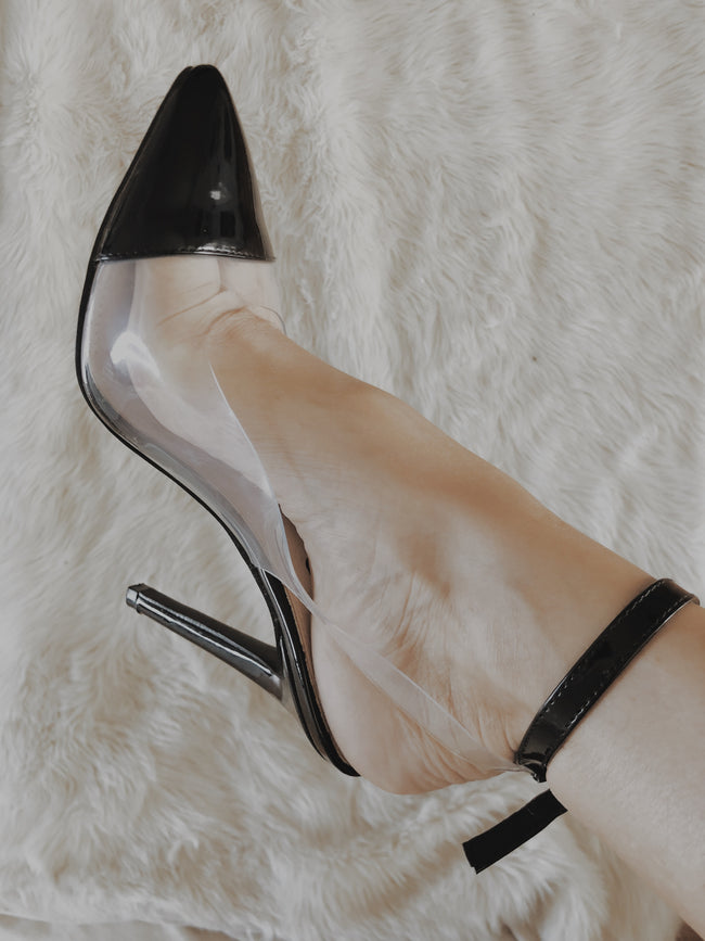 black and perspex court shoes