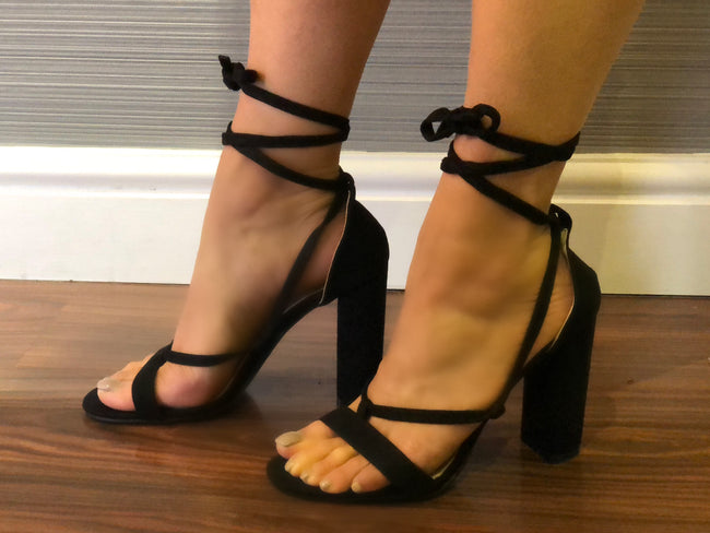 Layla Lace Up Block Heel in Black Faux 