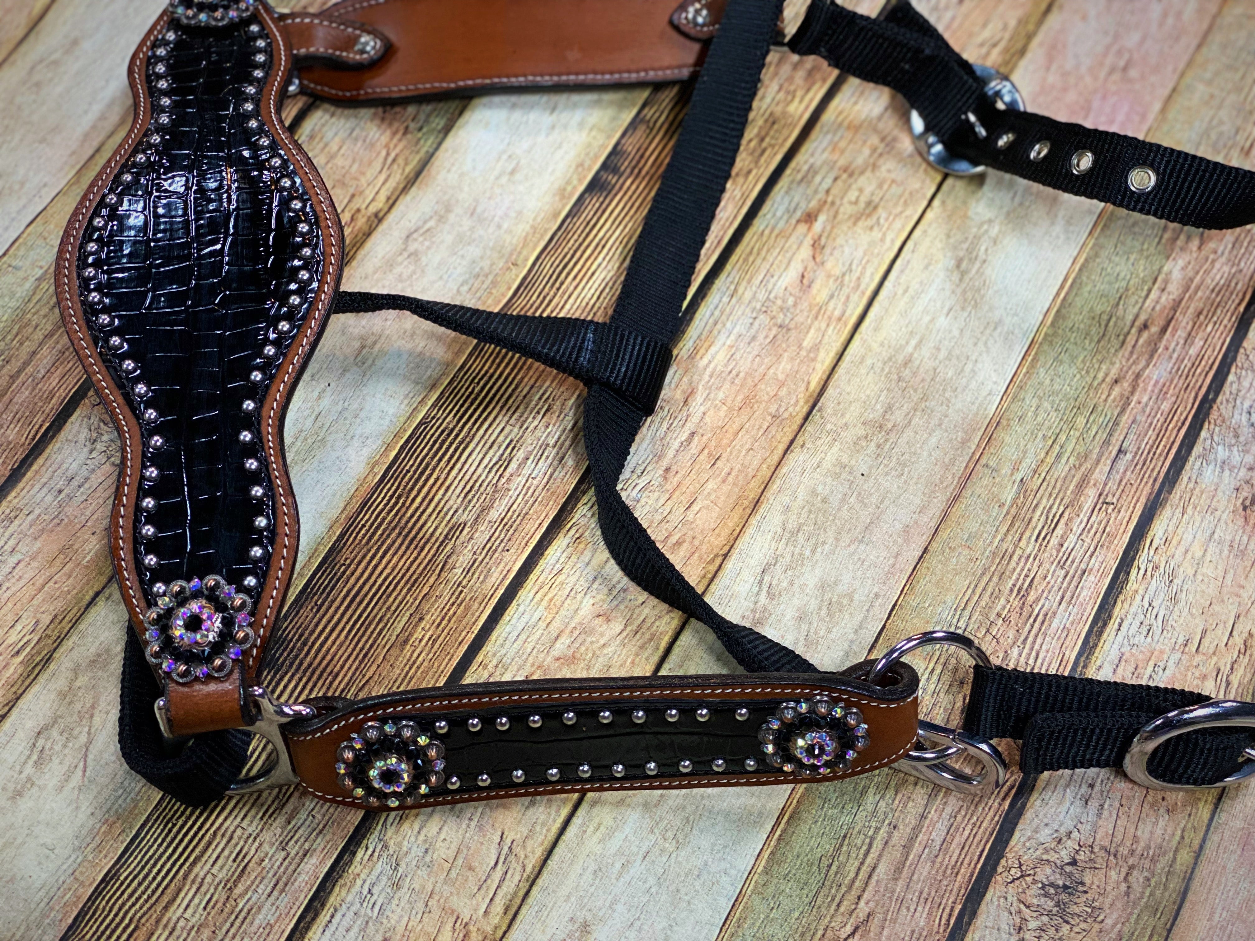 Chocolate & White Gator 3 Piece Bronc Halter Horse Tack 