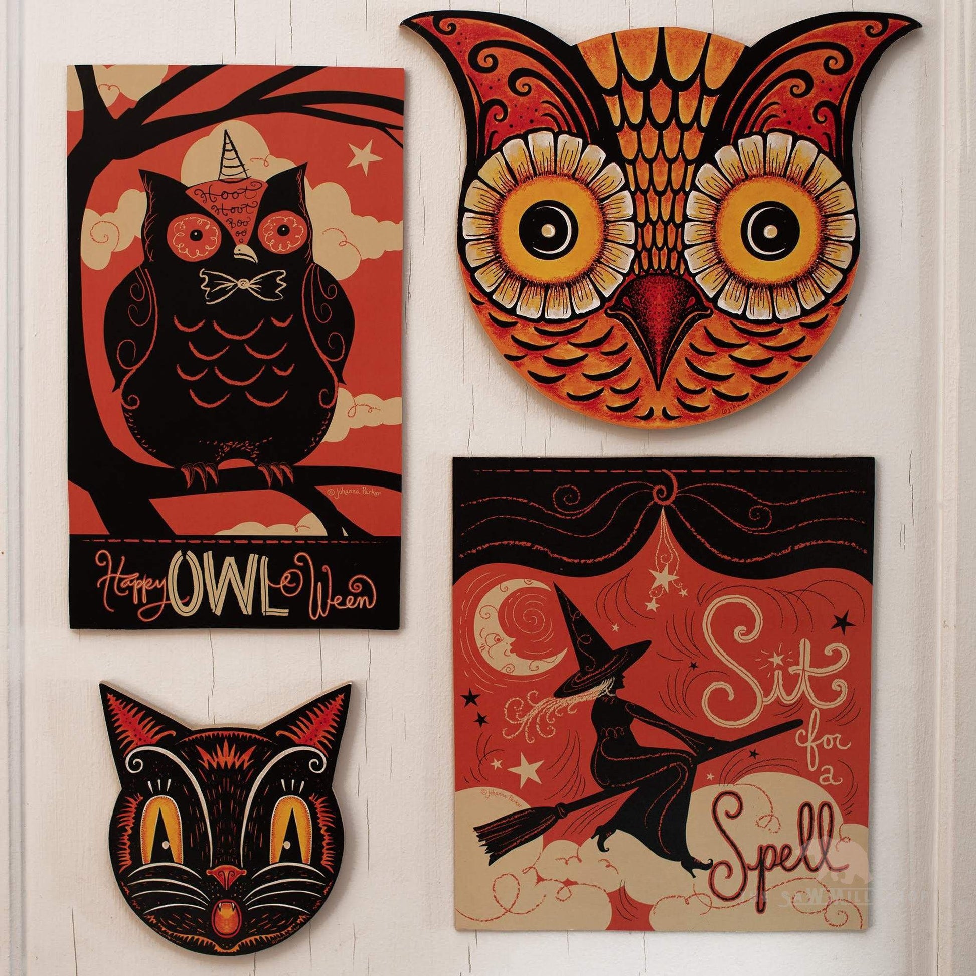 Johanna Parker "Happy Owl-O Ween" Retro Halloween Wood Cutout-The Sawmill Shop