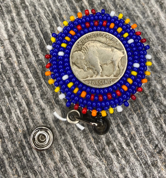 Beaded Buffalo nickel medicine wheel badge reel – Sweetgrass Crafts