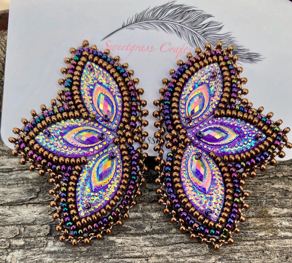 Beaded purple earrings, purple & silver peacock earrings – Sweetgrass Crafts