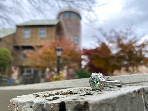 The Silo Ring by Sarah EK Muse for her Exploration Series. Original 18K Palladium White Gold with a hand cut 4.14ct Tourmaline center, 12 diamond baguettes and two princess cut sapphires, all ode to the Silo.