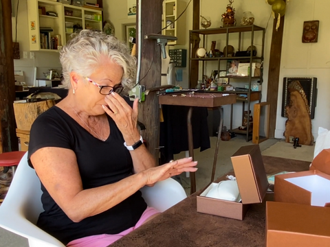 Kathy unboxing her new bespoke diamond ring designed by Sarah EK Muse, Roanoke's Premiere Private Jeweler