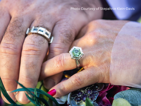 The Silo Ring Wedding Set - Men's Silo Ring in 14K Palladium White Gold with green/blue Parti-Sapphires.