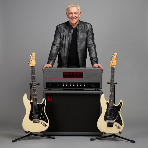 Alex Lifeson with his signature Lerxst guitar made by Godin