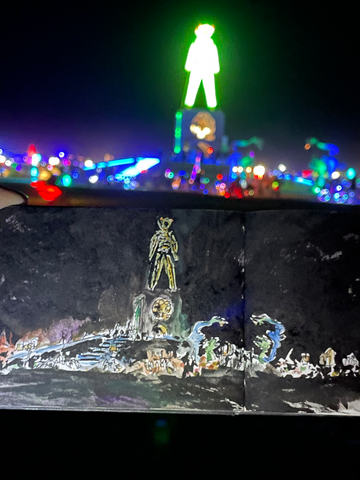 Burning Man 2022 Painting Watercolor Urban Sketching - The Man at Night