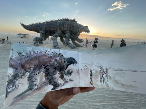 Burning Man 2022 Painting Watercolor Urban Sketching - Soul Journal - Live-Painting the Fear Beast 